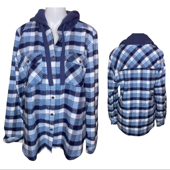 Columbia Flannel Hoodie Blue Plaid Button Up Size Large - Picture 1 of 10